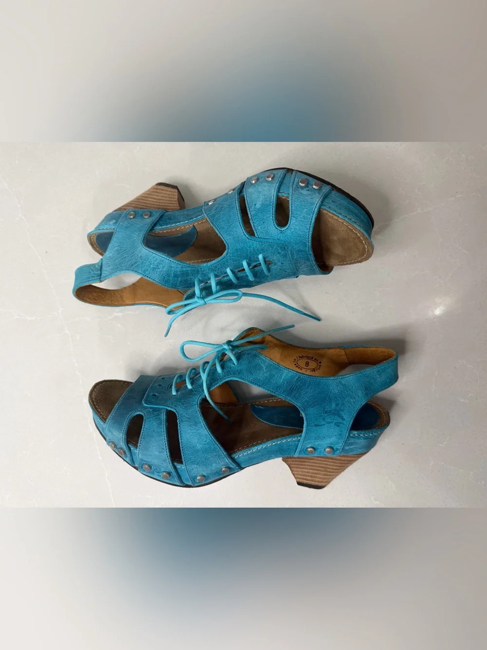 John Fluevog Joni Teal Blue Leather Wood Platform Lace Up Low Rule Sandals, 8